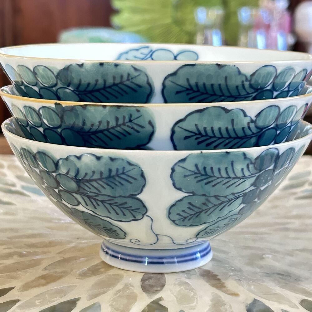 Set of 3 Arita Porcelain Blue Teal Grape Leaf Bowls Japan Signed Orig. Sticker